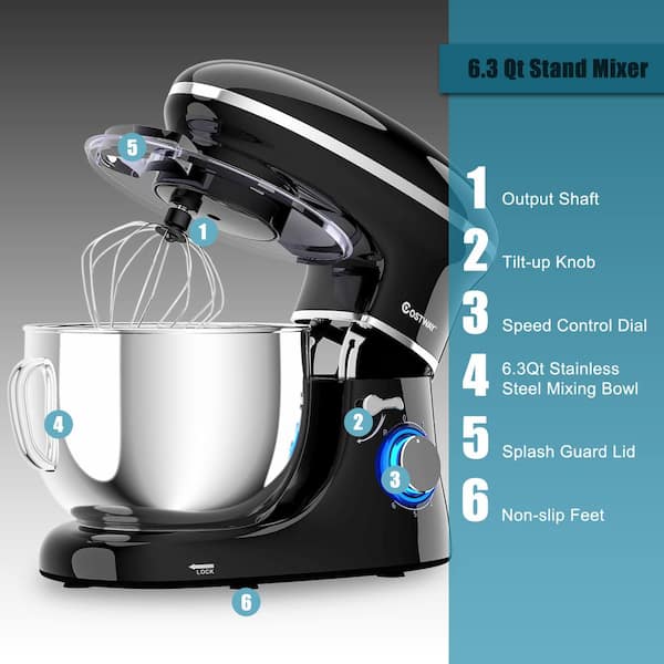 Costway 660W 6.3 qt. . 6-Speed Black Stainless Steel Stand Mixer 