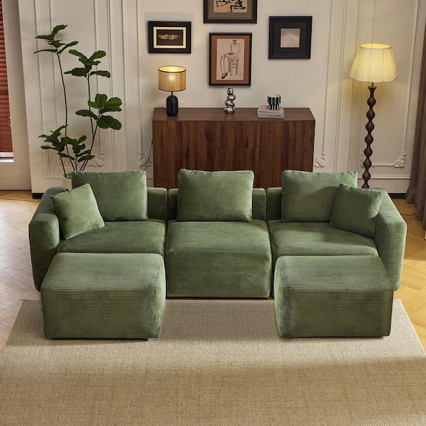 Compressed Block's Collection 112 in. W Square Arm Corduroy U-shaped Modern Sofa in Green with Ottoman