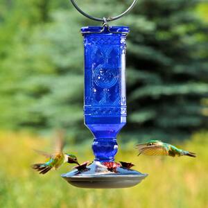 Blue Antique Square Decorative Glass Hummingbird Feeder - 16 oz. Capacity