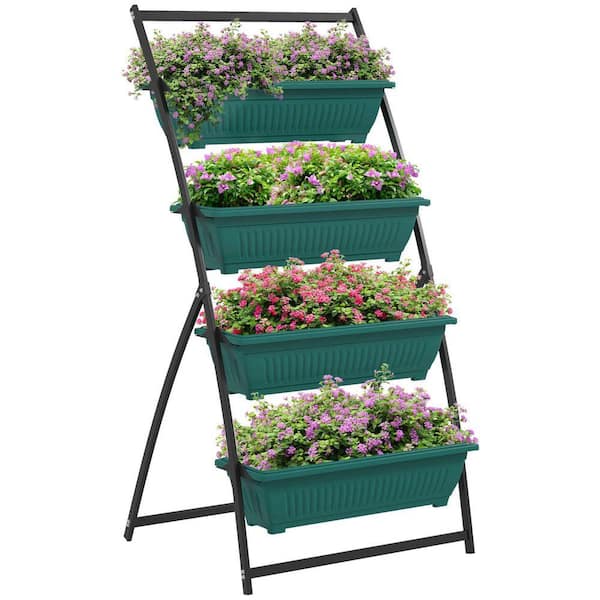 Jushua 4-Tier Plastic Raised Garden Bed, 4 Outdoor Planter Boxes with  Stand, Self Draining Design Elevated Garden, Green ZY-P174506