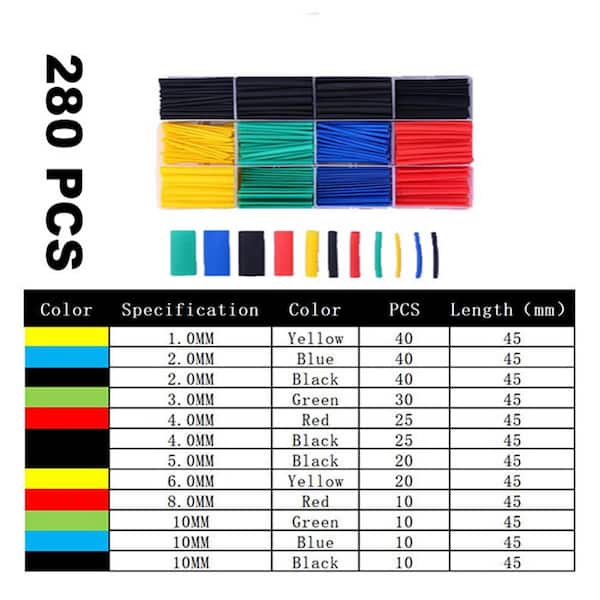 Industrial Grade Flame Retardant Heat Shrink Tubing Kit with Fast-Shrink, Waterproof, 8 Sizes (0. 5in-0. 39in), 280-Pack