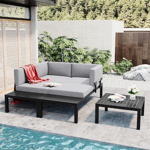 3-Piece Aluminum Alloy Sectional Patio Conversation Set with Gray Cushions, Black Frame, End Table and Coffee Table