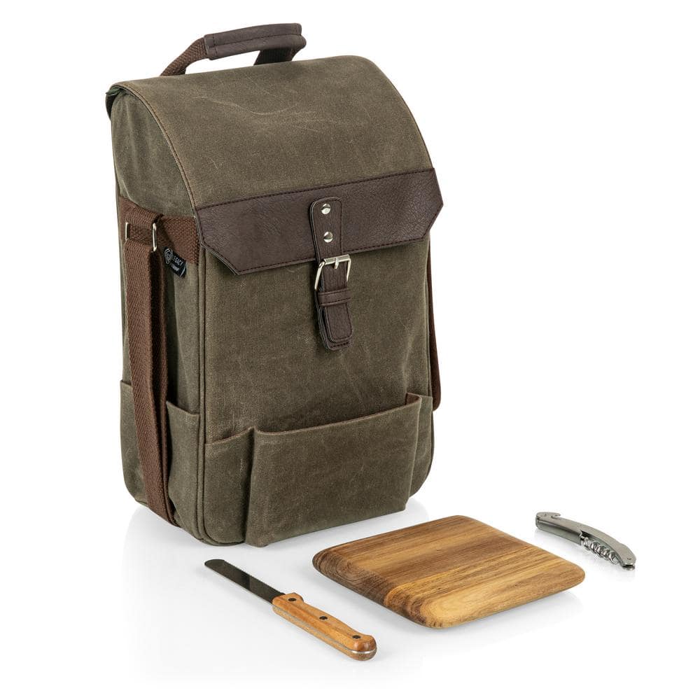 Khaki Green Waxed Canvas Wine Cooler Bag with Acacia Wood Cheese Board