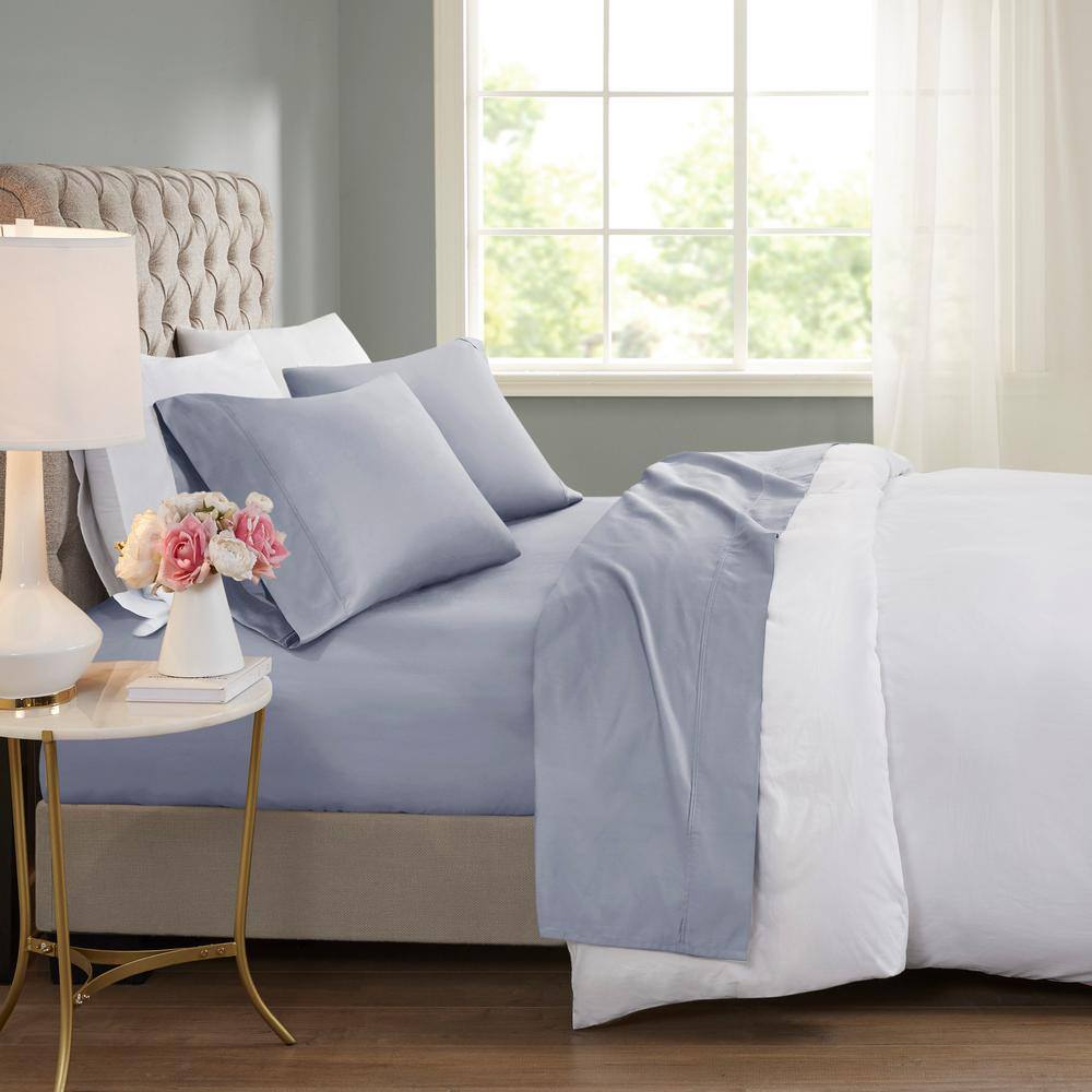 Full Blue Cotton Polyester Cooling Sheet Set with Pillow Covers