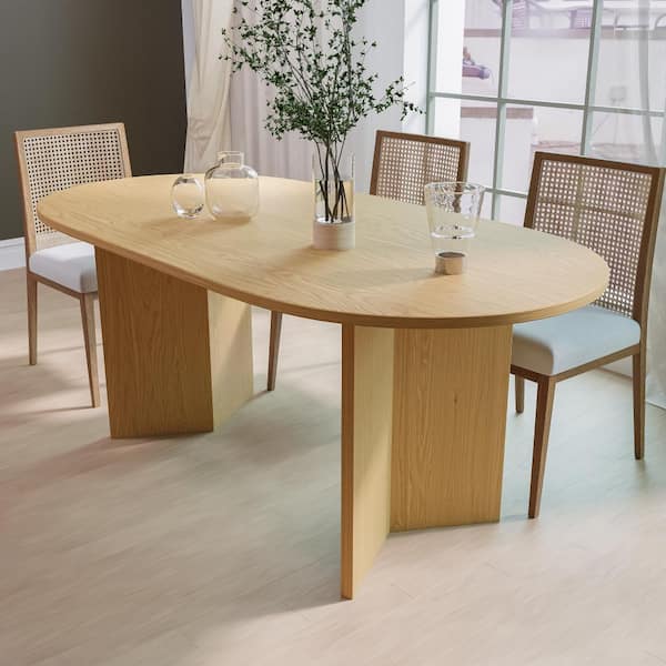 NEUTYPE Brix Modern Oval Oak Wood Top 67 in. Double Pedestal Base Dining Table Seats 6