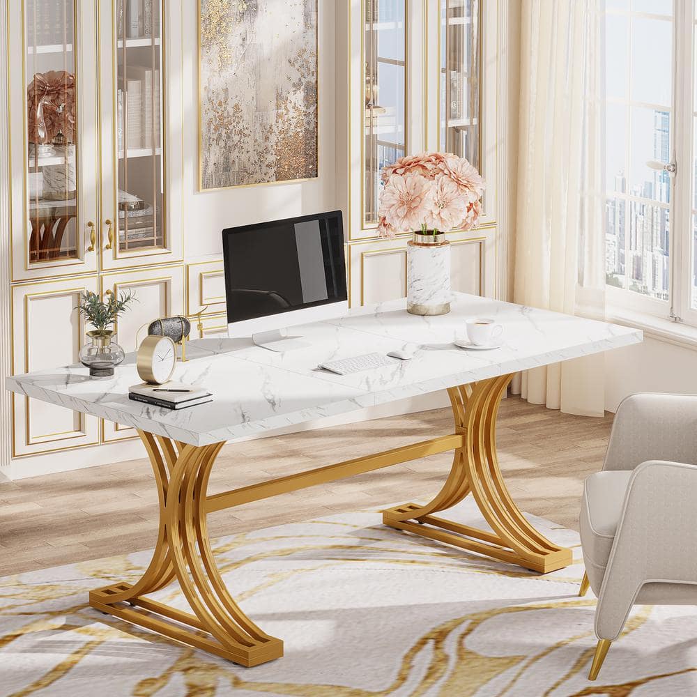 Moronia 63 in. Rectangular White and Gold Wood Computer Desk with Solid Metal Legs for Work Study