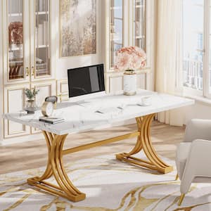 Moronia 63 in. Rectangular White and Gold Wood Computer Desk with Solid Metal Legs for Work Study