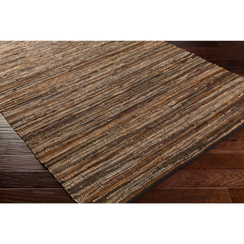 Rustic Dark Brown and Gray Leather Stripe 8' x 10' Area Rug