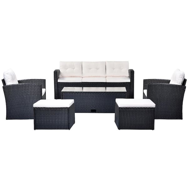 Unbranded 6 Pieces Black Wicker Patio Conversation Seating Set Sectional Sofa Set with Removable Beige Cushions and Coffee Table