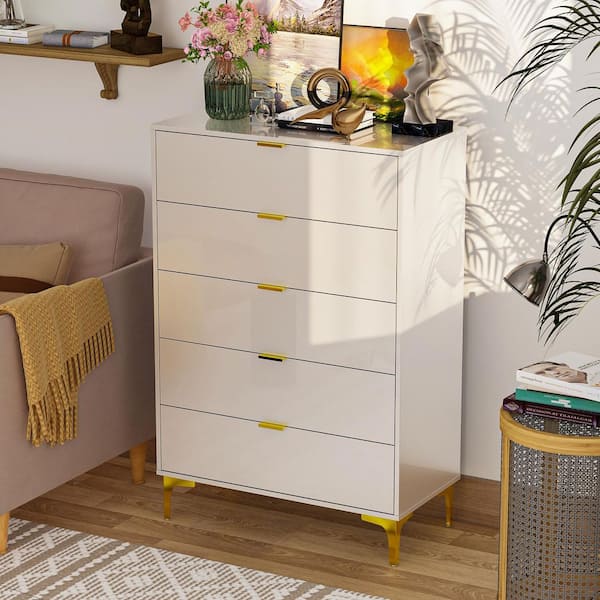 FUFU&GAGA White Mirror Finished 5 Drawers 31.4 in. W Chest of Drawers, Nightstand, End Table for Storage Golden Legs and Handle