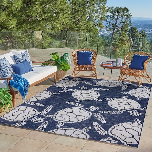 Paseo Tortue Navy/White 6 ft. x 9 ft. Animal Print Indoor/Outdoor Area Rug