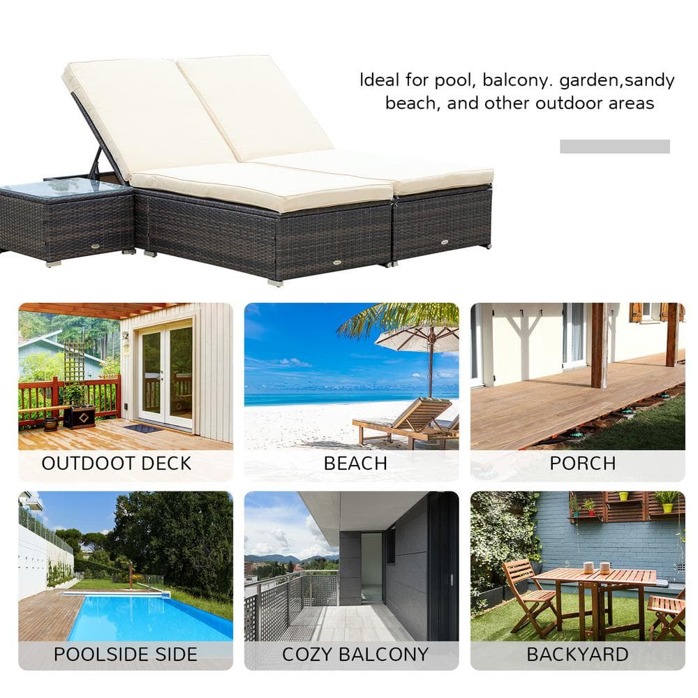Beige Cushioned PE Rattan Wicker Outdoor Chaise Lounge Set with Table