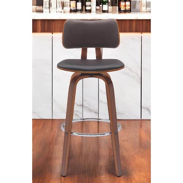 HomeRoots 30 in. Brown Low Back Wood Bar Stool Faux Leather Seat