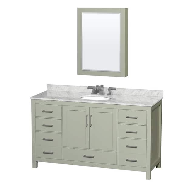 Wyndham Collection Sheffield 60 in. W x 22 in. D x 35 in. H Single Bath Vanity in Light Green with White Carrara Marble Top and MC Mirror