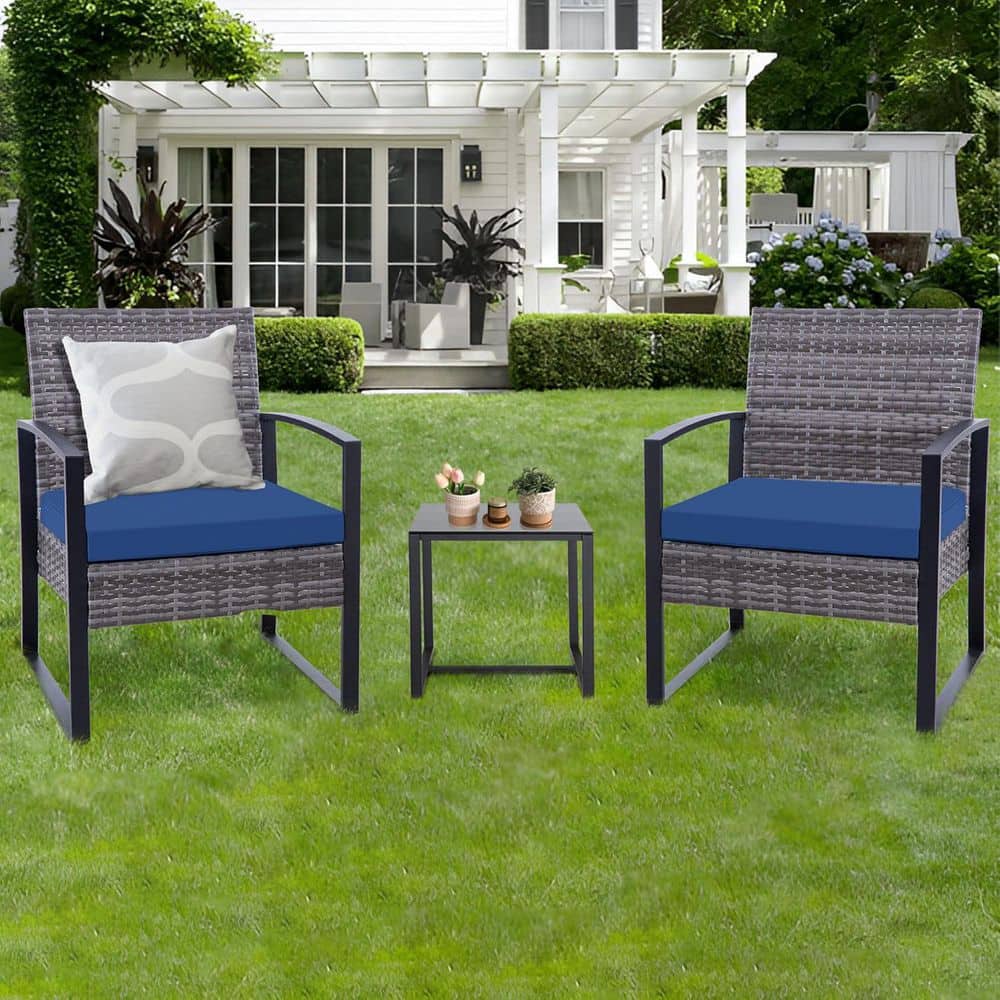 3-Piece Patio Furniture Set, Gray Wicker Square Table Outdoor Bistro Set wi