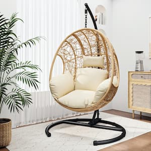 High Quality Natural Color Metal Wicker Outdoor Swing Egg Chair with Furniture Cover, Beige Cushion, Pillow.