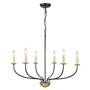 6-Light Black and Gold Linear Chandelier for Dining Room, French Country Candlestick Chandelier