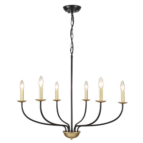 ADSENSTY 6-Light Black and Gold Linear Chandelier for Dining Room, French Country Candlestick Chandelier