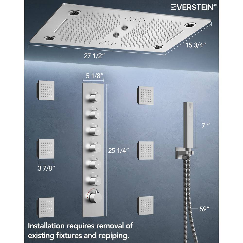 Large Brushed Nickel Dual LED Ceiling and Wall Mounted Shower System