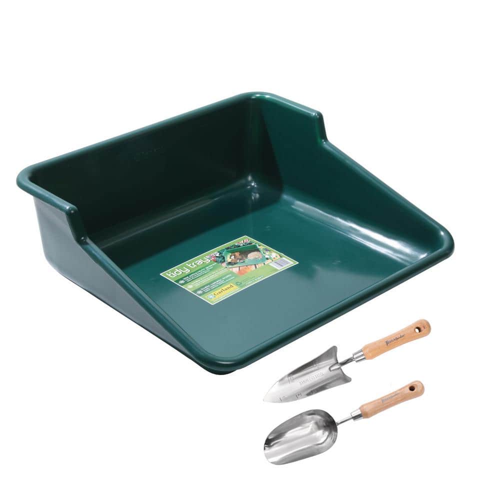Green Tidy Tray With Stainless Steel Hand Transplant Trowel And Hand Scoop