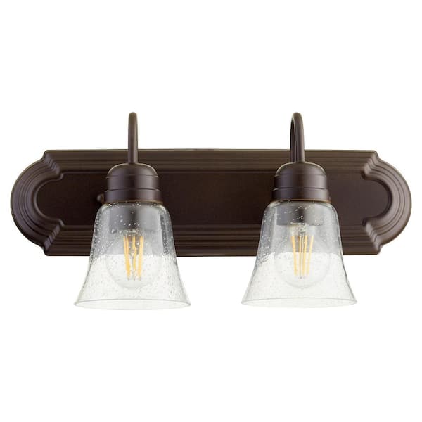 Quorum INTERNATIONAL Campbell Transitional, 8 in. Width in. 2-Lights Oiled Bronze Vanity Lights with Seeded Glass Shade