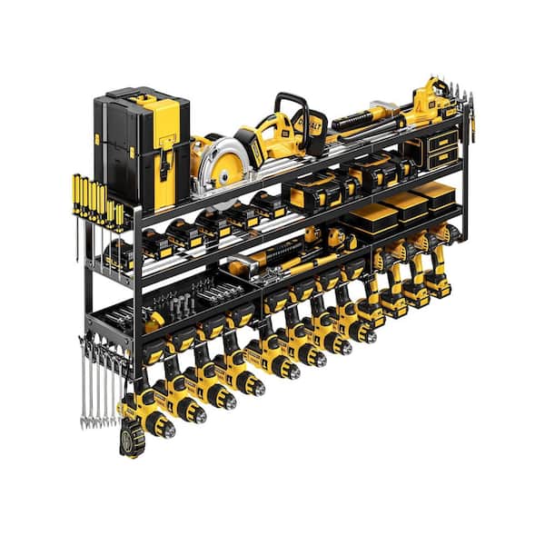 4-Tier 14.68 in. Black Metal Heavy Duty 600 lbs. Load Drill Organizer Wall Rack with Multi-Tool Hooks and Cable Strap
