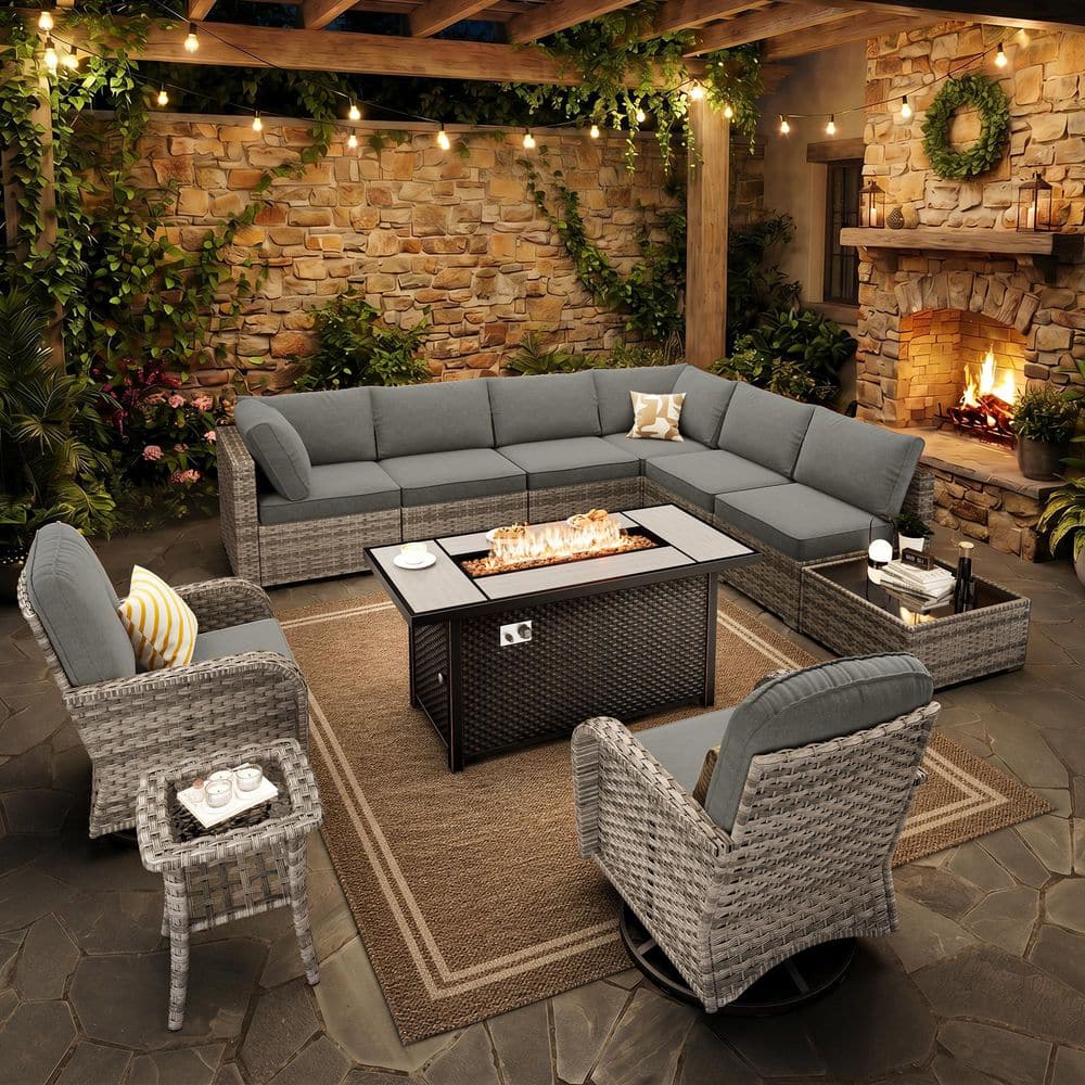 Hoppish Gray 11-Piece Wicker Patio 54 in. Fire Pit Conversation Set with Dark Gray Cushions and Swivel Rocking Chairs price history on PriceWatchPro
