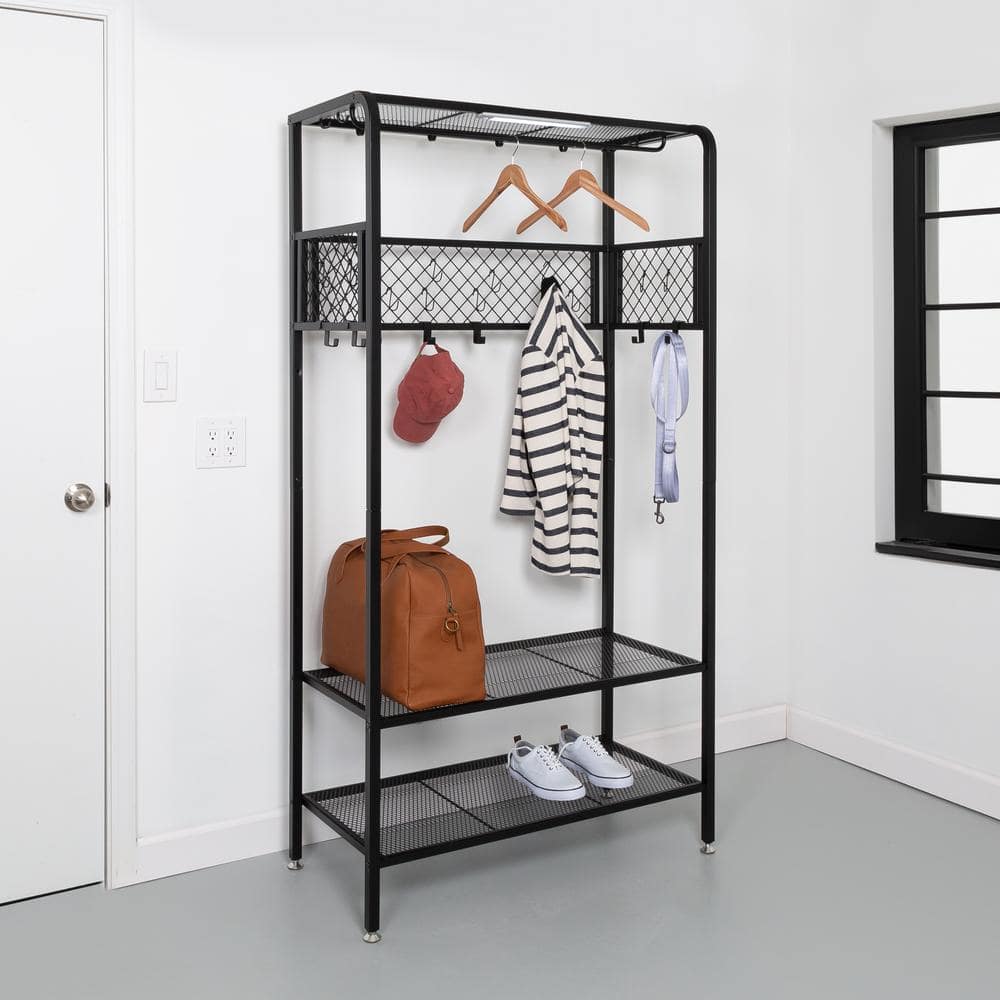 Black Steel 3-Shelf Storage Rack with Hanging Bar and Hooks