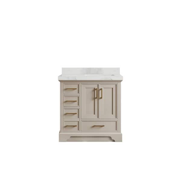 Willow Collections Charlotte 36 in. Right Offset Sink Freestanding Fine Grain Bath Vanity with Calacatta Nuvo Qt. Top Unassembled