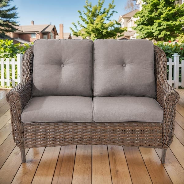 Opohoro Chryswirl Brown Wicker and Metal Frame Outdoor Loveseat with Gray Cushions