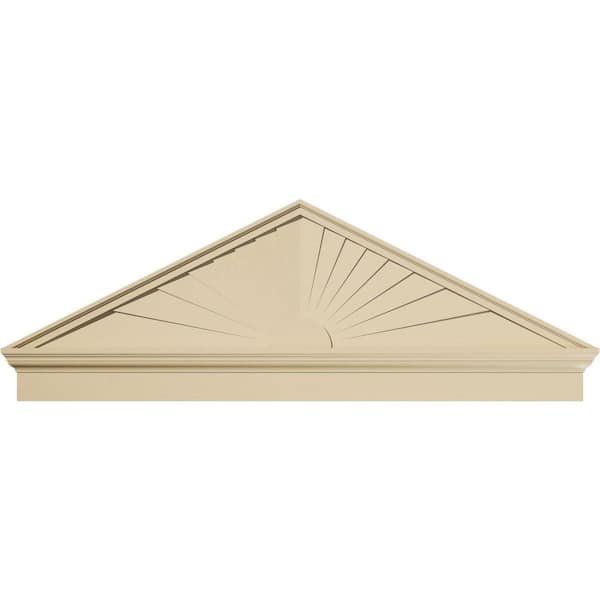 Ekena Millwork 64 in. W x 22-7/8 in. H x 2-3/4 in. P Pitch 6/12 Peaked Cap Sunburst Signature Urethane Combination Pediment, Primed Tan