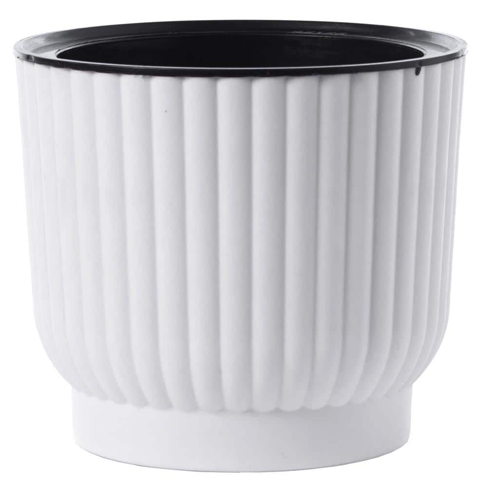 White Ribbed Plastic Self-Watering Indoor/Outdoor Flower Pot Set