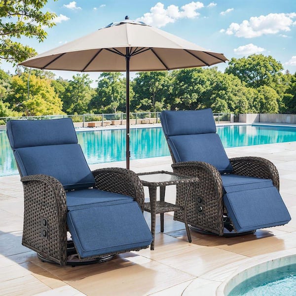 Rotavia Reclining 3-Piece Wicker Outdoor 360° Swivel Recliner, Adjustable Backrest with Blue Cushions, Side Table