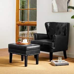 Modern Black Leatherette Button-Tufted Accent Chair and Accent Stool (Set of 2)