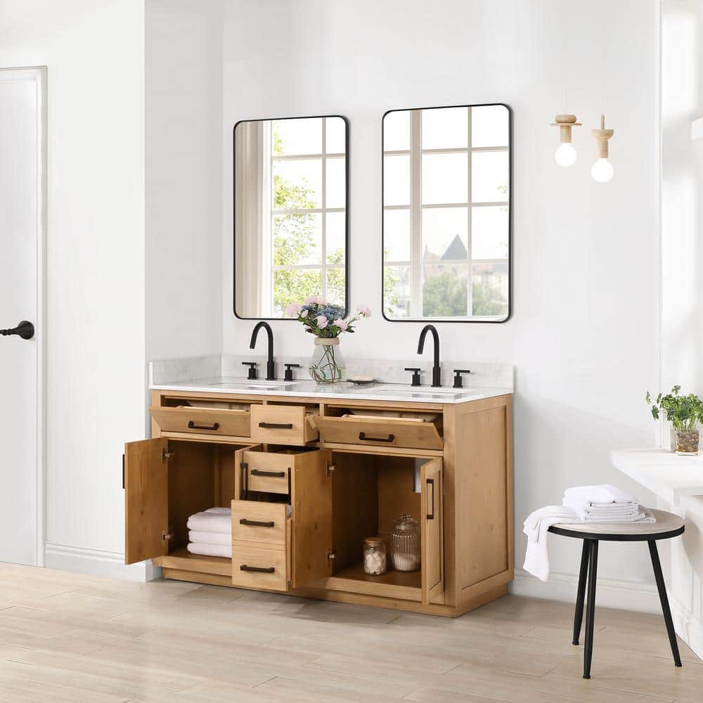 Gavino 60" Light Brown Wood Vanity with Stone Top and Mirror