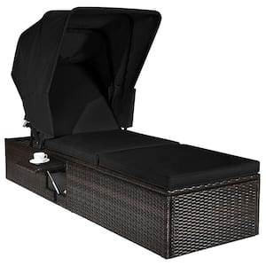 Brown Wicker Adjustable Outdoor Chaise Lounge with Black Cushions and Folding Canopy