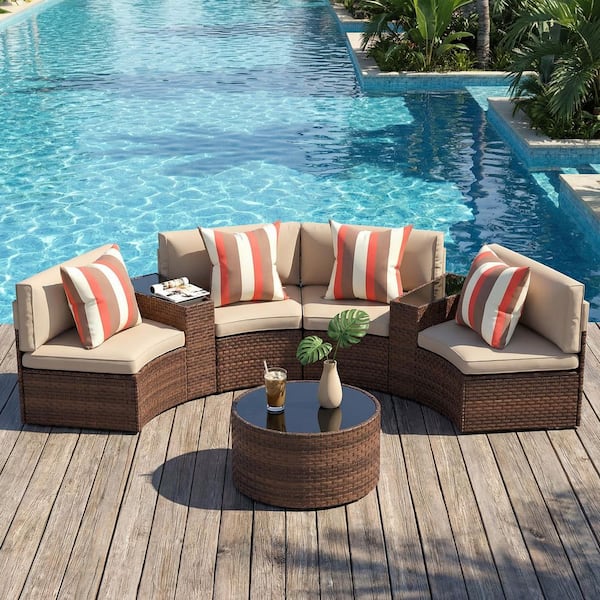 Brown 7-Piece Wicker Outdoor Half Moon Sectional with Beige Cushions