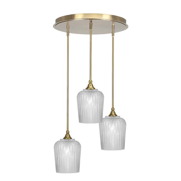 Unbranded Villa 3 Light New Age Brass Pendant, Cluster Pendant Light with 9 in. Clear Textured Glass Shades, No bulb Included
