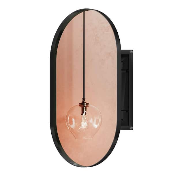 20 in. W x 34 in. H Oval Black Iron Framed Wall Mount or Recessed Medicine Cabinet with Mirror