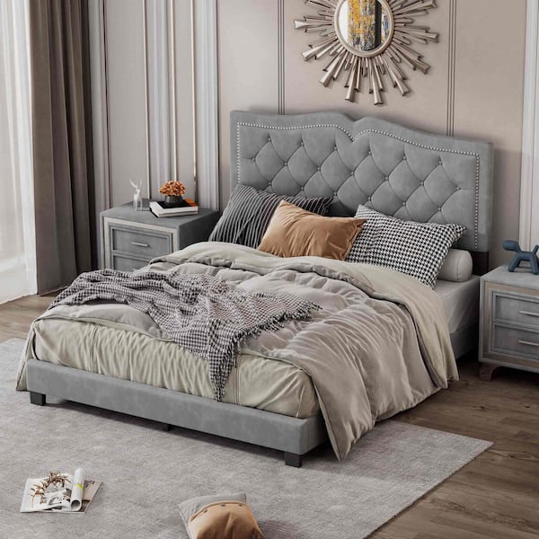 Gray Wood Frame Queen Size Platform Bed with Rivet Design, Tufted Headboard