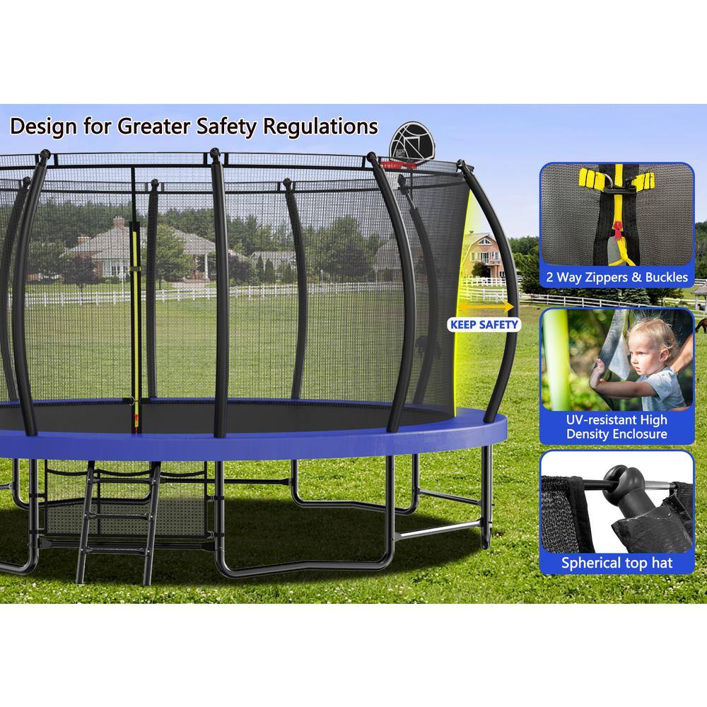 15FT Round Black and Blue Trampoline with Enclosure Net and Ladder