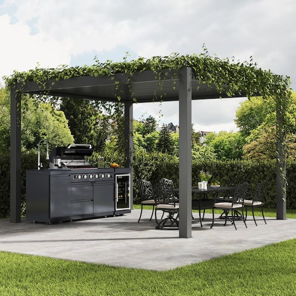 85 in. W 6-Burner Propane Gas Grill Island in Black, with Wine Cooler, Compact Refrigerator, Rotisserie Kit, Sink