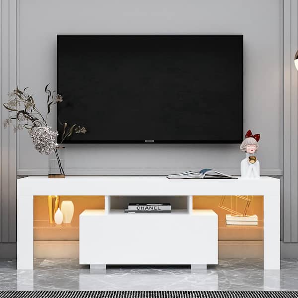 J&E Home 51.18 in. White TV Stand TV Cabinet with LED RGB Lights Fits TV's up to 55 in