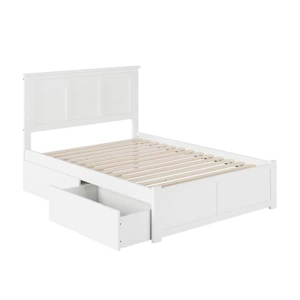 Madison White Full Solid Wood Storage Platform Bed with Flat Panel Foot Board and 2 Bed Drawers