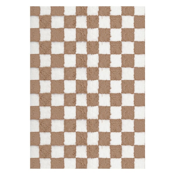 Checkerboard Shag Brown/White 6 ft. x 9 ft. Checkered Area Rug