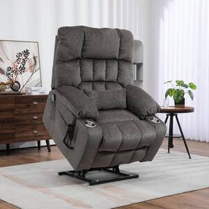 Grey Chenille Recliner Platinum Big and Tall Dual Motor Power Lift Chair with Massage, Heating and 2-Cup Holder