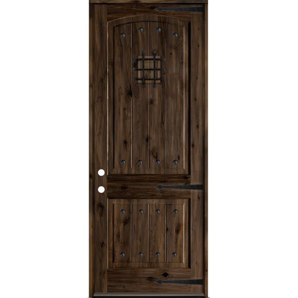 Mediterranean 42 in.x 96 in. Knotty Alder Right-Hand/Inswing Arch Top BEHR True Black Stain Wood Prehung Front Door price history on PriceWatchPro