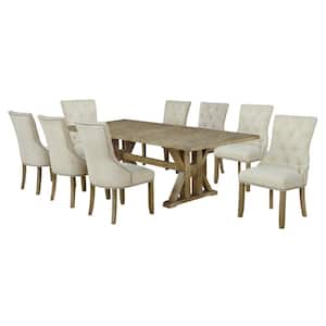 Kara 9-Piec Beige Linen Fabric Dining Set with Side Chairs.