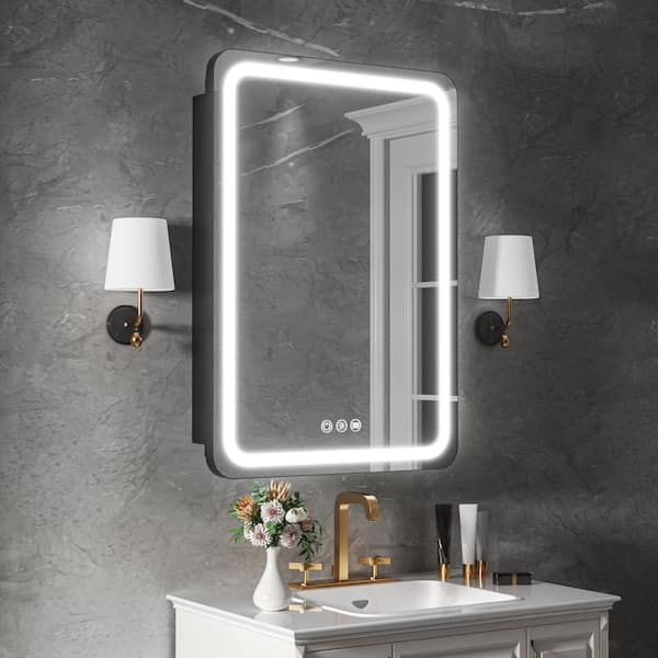 20 in. W x 28 in. H Rectangular Iron Medicine Cabinet with Mirror, Dimmable RGB Flowing Lights, Defogger, Outlet and USB