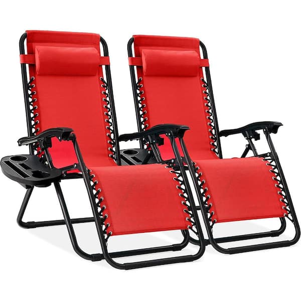 ITOPFOX Crimson Red Adjustable Steel Mesh Zero Gravity Lounge Chair Recliners with Pillows and Cup Holder Trays (Set Of 2)